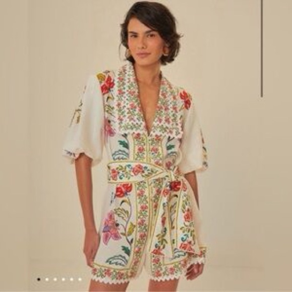 FARM Rio White Floral Embroidered Romper with Multicolor Belt